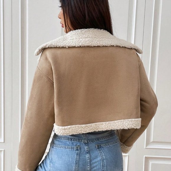 Boho Faux Teddy Lined Zip Up Moto Cropped Jacket Khaki - Picture 4 of 7